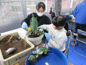 寄せ植えする親子